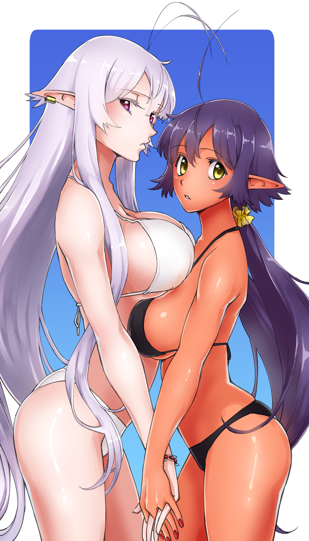 2girls, ahoge, antenna_hair, asymmetrical_docking, bikini, black_bikini, bracelet, breast_press