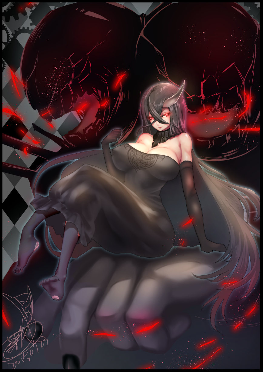 1girl, bare_shoulders, battleship_water_oni, black_dress, black_hair, blackmoon, dress, elbow_gloves