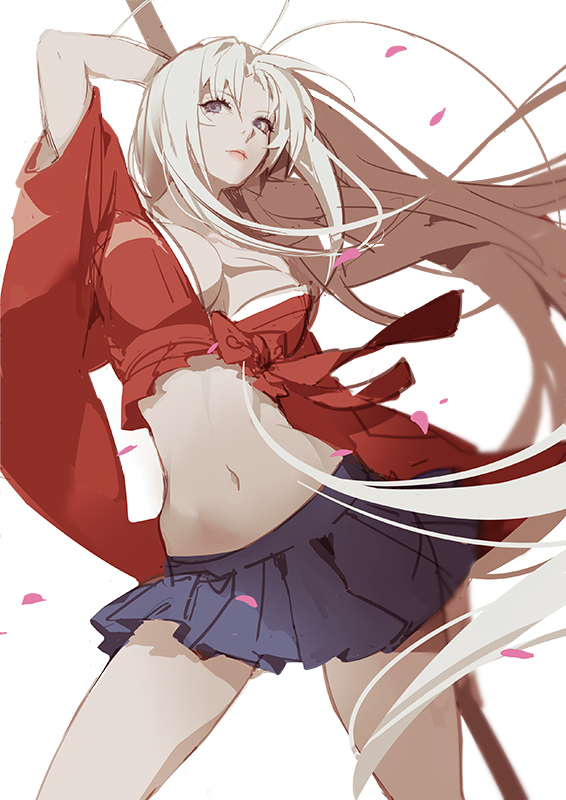 1girl, 7th_dragon_(series), 7th_dragon_2020, arm_up, ask_(askzy), blonde_hair, breasts, cleavage, crop_top, grey_eyes, large_breasts, long_hair, midriff, navel, petals, pleated_skirt, silver_hair, skirt, solo, very_long_hair, wide_sleeves