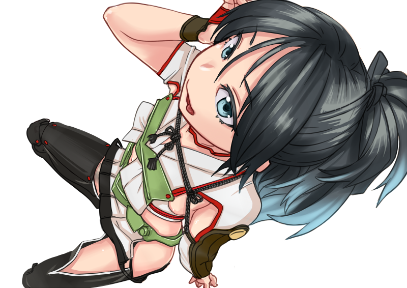 1girl, alpha_(katz332), arm_at_side, armor, asymmetric_gloves, black_hair, black_legwear, blue_eyes, commentary_request, elbow_gloves, fingerless_gloves, from_above, gloves, hair_ribbon, kantai_collection, katsuragi_(kantai_collection), long_hair, looking_at_viewer, messy_hair, open_mouth, pleated_skirt, ponytail, remodel_(kantai_collection), ribbon, skirt, thigh-highs, tongue, tongue_out, zettai_ryouiki