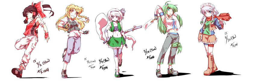 5girls, absurdres, adapted_costume, arm_up, armband, armpits, blonde_hair, blue_eyes
