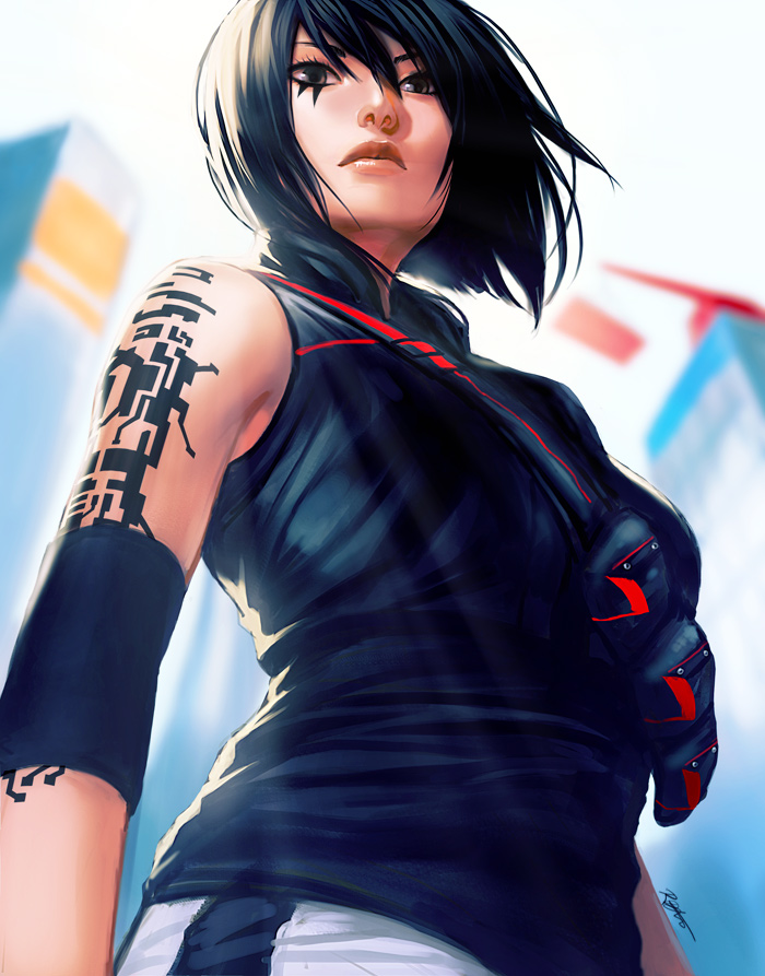 1girl, backlighting, black_eyes, black_hair, elbow_pads, facial_tattoo, faith_connors, from_below