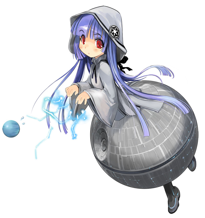 blue_hair, bow, cloak, death_star, electricity, girl_arms, hime_cut, hood