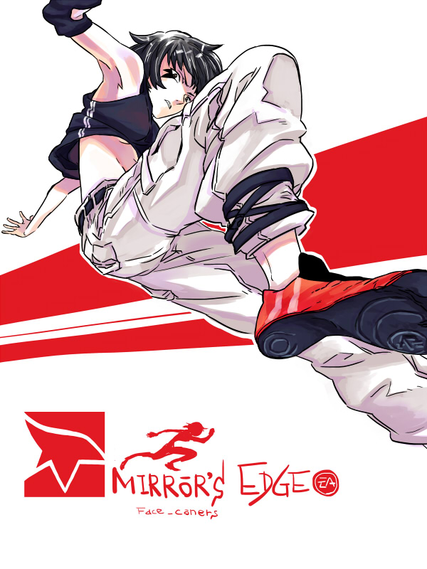 1girl, armpits, bared_teeth, black_hair, cargo_pants, copyright_name, elbow_pads, facial_tattoo, faith_connors, furinpurin, jumping, midriff, mirror's_edge, no_bra, pants, parkour, shoes, short_hair, sneakers, solo, tank_top, tattoo