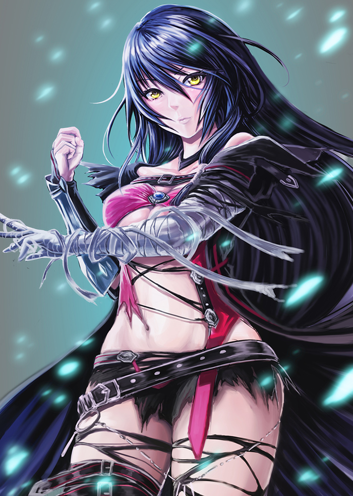 1girl, bandages, black_hair, black_legwear, black_skirt, breasts, cleavage, expressionless, long_hair, microskirt, navel, revealing_clothes, skirt, solo, tales_of_(series), tales_of_berseria, thigh-highs, torn_clothes, torn_thighhighs, upper_body, velvet_(tales), wa-kun, yellow_eyes