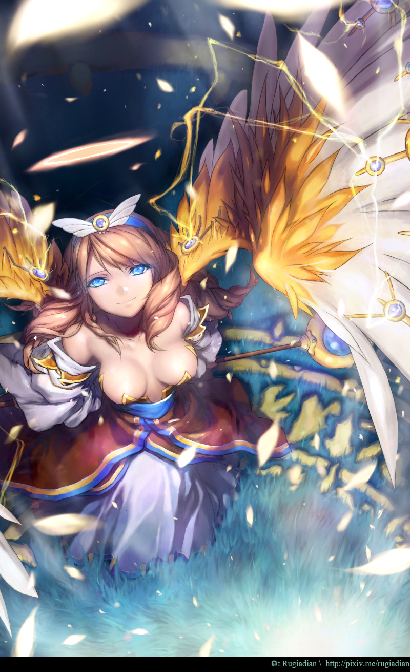 1girl, angel, angel_wings, archangel_(p&amp;d), arms_behind_back, bare_shoulders, blue_eyes, breasts