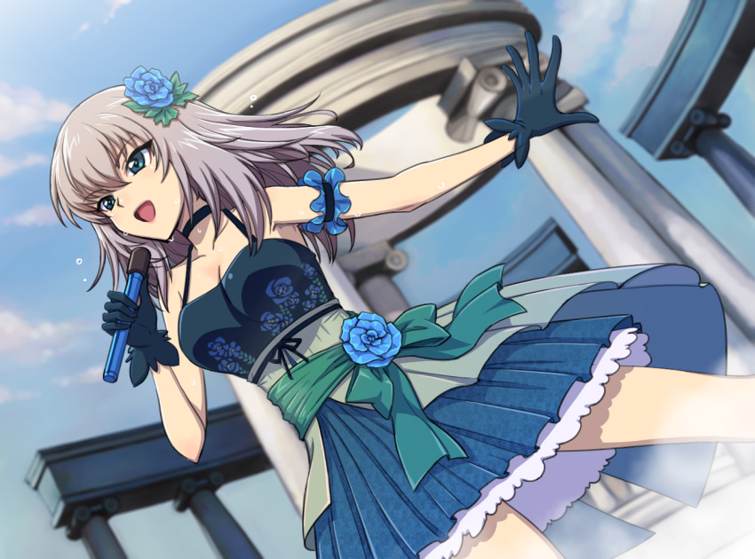 1girl, bare_shoulders, black_gloves, breasts, choker, dress, dutch_angle, flower