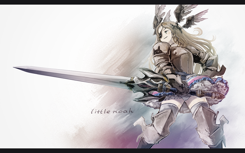 1girl, armor, armored_dress, blonde_hair, braid, breastplate, character_request, copyright_name