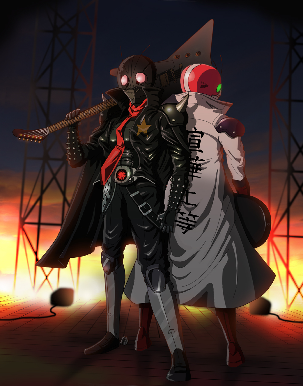 antenna, belt, coat, concert, explorer_(guitar), green_eyes, guitar, highres