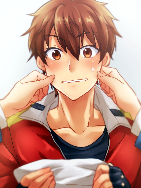 1boy, blush, brown_eyes, brown_hair, bunmare, cheek_pinching, ensemble_stars!, male_focus, morisawa_chiaki, pinching, short_hair, solo_focus, sweatdrop