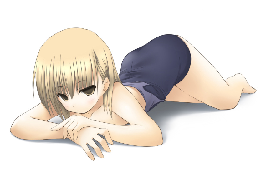 bare_shoulders, blonde_hair, blush, foreshortening, hands, mikago_kotaro, misaka_imouto, one-piece_swimsuit