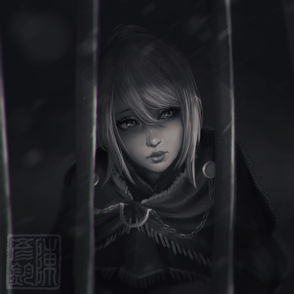 1girl, anastacia_of_astora, cape, clockwork-cadaver, dark_souls, greyscale, hair_between_eyes, lips