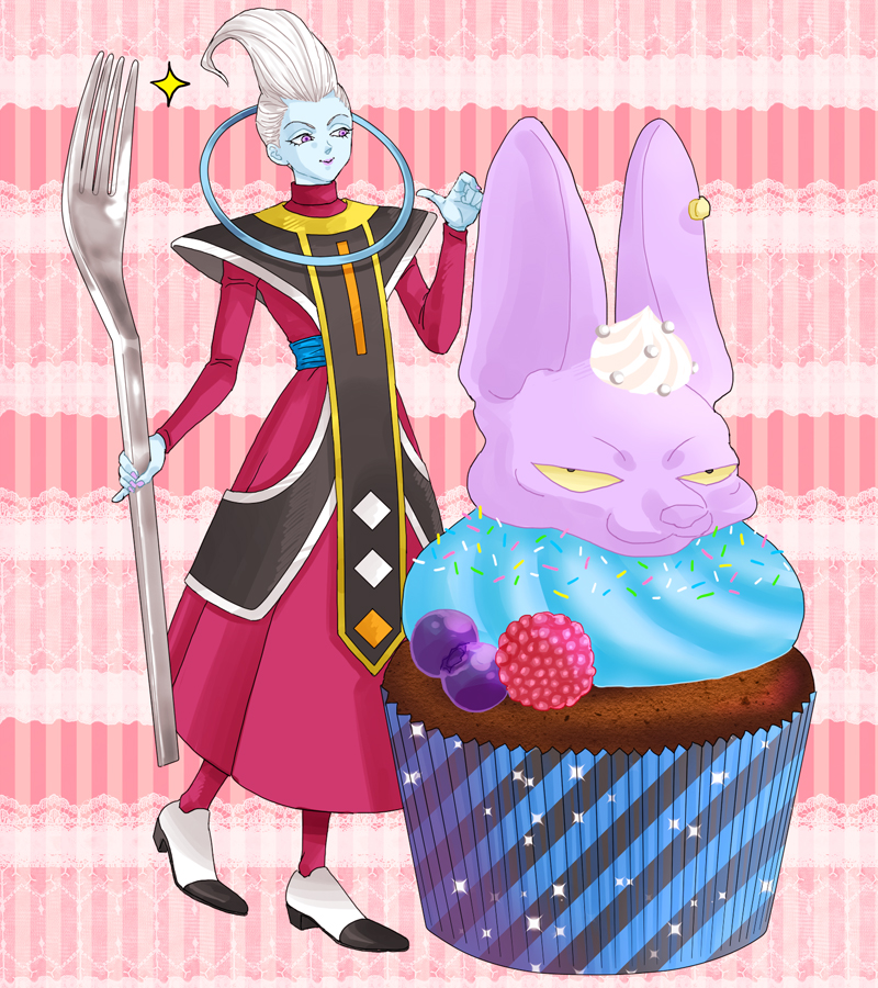 2boys, :3, blue_skin, cupcake, dragon_ball, dragon_ball_z, dragon_ball_z_kami_to_kami, earrings, food, fork, hakaishin_bills, jewelry, k_(kktkk), long_hair, male_focus, multiple_boys, oversized_object, smile, violet_eyes, whis, white_hair