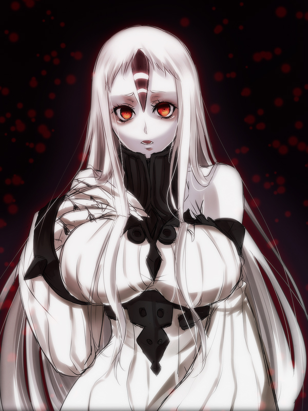 breasts, claws, dress, horn, kantai_collection, kuko_(endless-repeat), large_breasts, long_hair, red_eyes, ribbed_dress, seaport_hime, shinkaisei-kan, turtleneck, very_long_hair, white_hair, white_skin