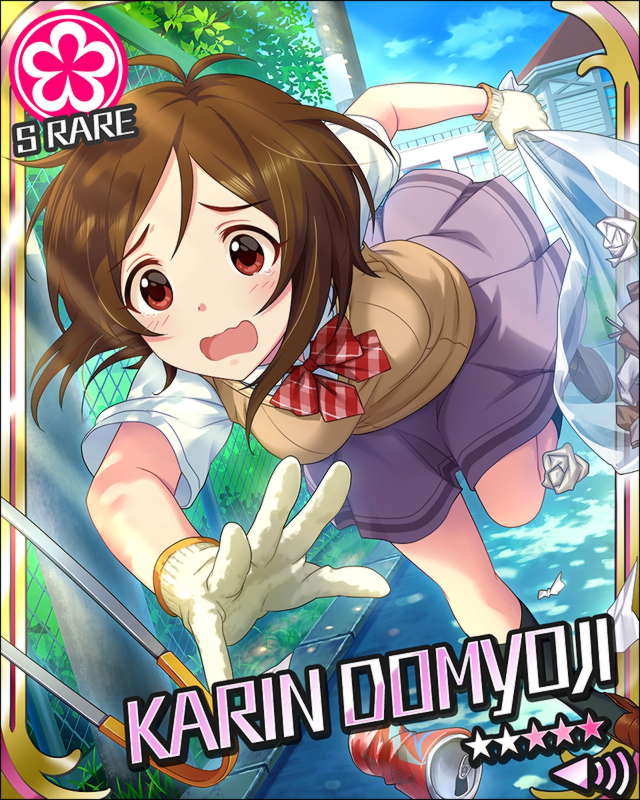 >_<, blush, brown_eyes, brown_hair, character_name, domyoji_karin, dress, gloves
