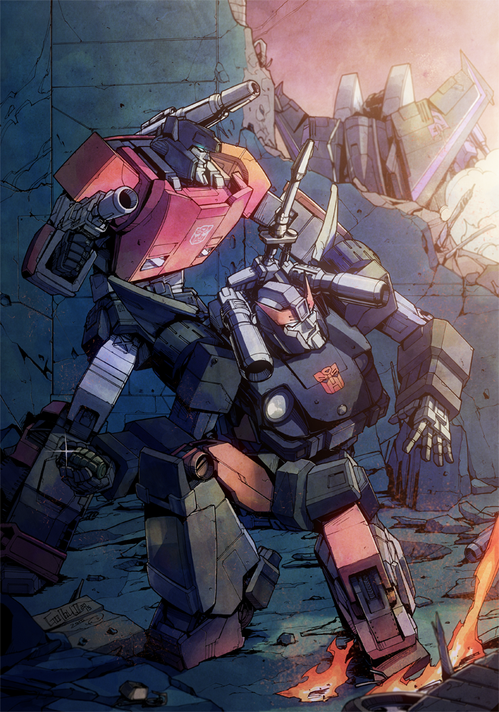 autobot, debris, fire, gun, kei_zama, no_humans, robot, sideswipe, signature, skywarp, sparkle, sunlight, transformers, weapon