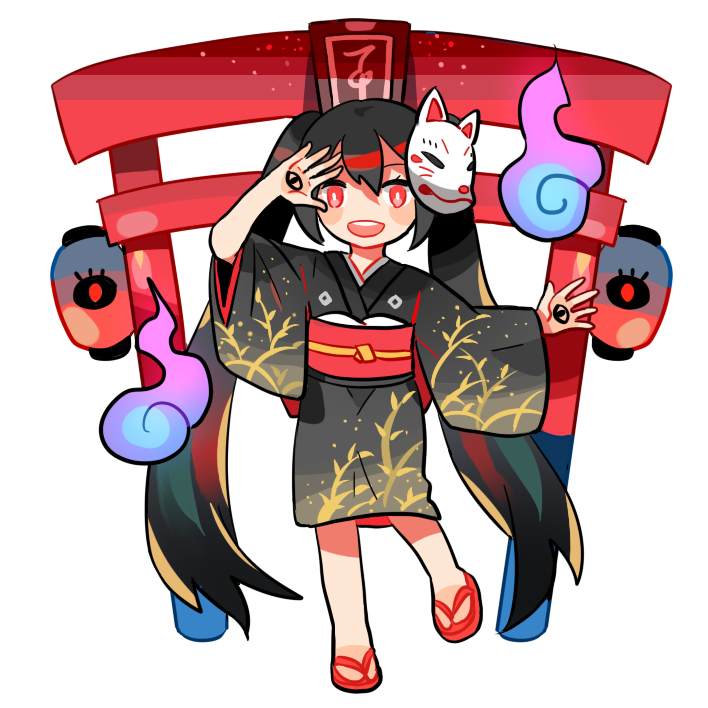 1girl, black_hair, fox_mask, getiao, hatsune_miku, japanese_clothes, kimono, long_hair