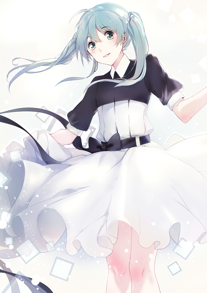 1girl, ahoge, aqua_hair, black_ribbon, blush, dress, hatsune_miku, long_hair