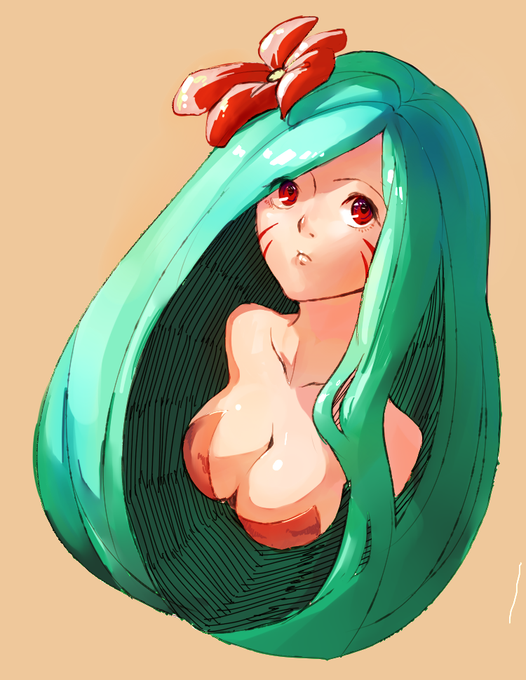 1girl, aqua_hair, breasts, cleavage, cookie_run, flower, hair_flower, hair_ornament