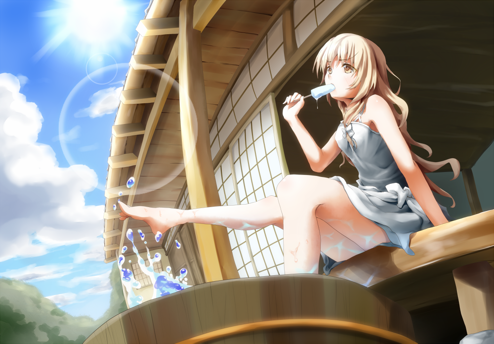 1girl, alternate_costume, barefoot, blonde_hair, blue_sky, bow, clouds, dress