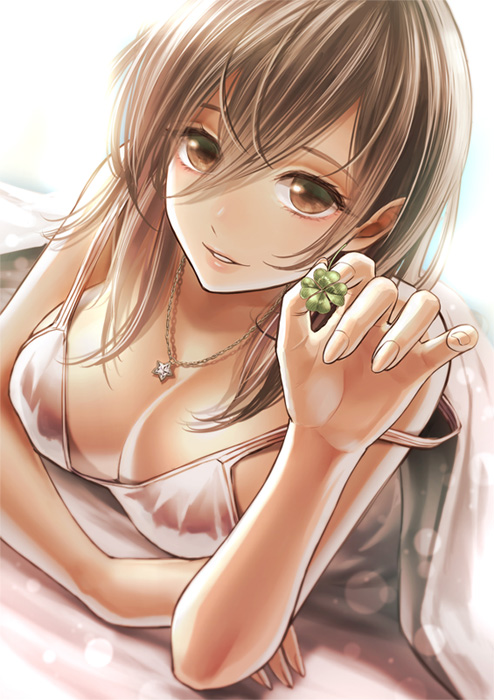 1girl, bra, breasts, brown_eyes, brown_hair, cleavage, clover, four-leaf_clover, haru_(toyst), jewelry, long_hair, necklace, original, smile, solo, strap_slip, underwear