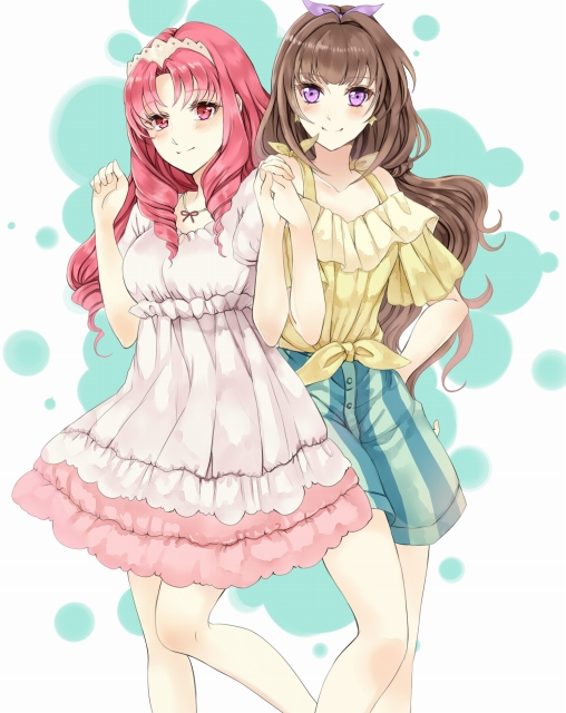 2girls, akagi_towa, amanogawa_kirara, brown_hair, curly_hair, go!_princess_precure, hair_intakes, holding_hands