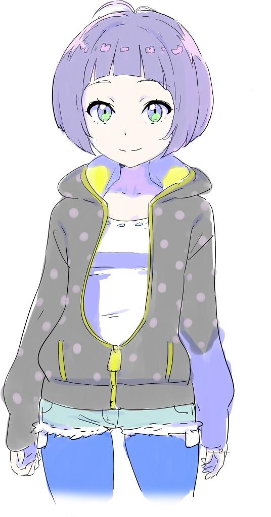 1girl, araki_rena, blue_legwear, blush, casual, green_eyes, jacket, nagisa_kurousagi