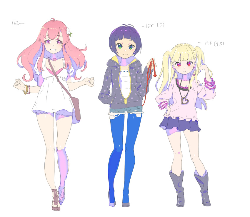 3girls, adjusting_hair, araki_rena, bag, bangs, blonde_hair, blue_legwear, blunt_bangs