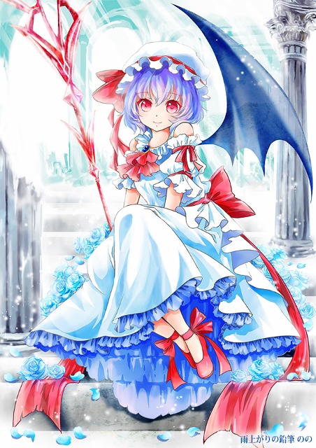 1girl, adapted_costume, alternate_costume, ascot, bare_shoulders, bat_wings, blue_rose, detached_sleeves