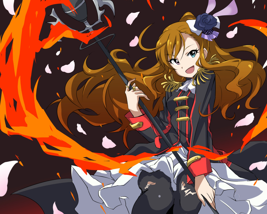 1girl, :d, ahoge, black_legwear, blue_eyes, brown_hair, epaulettes, fire