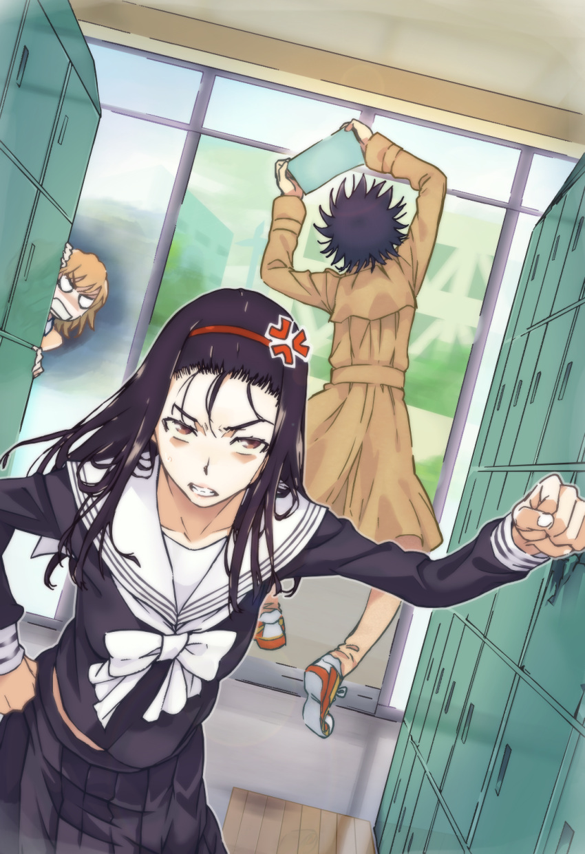 1boy, 2girls, angry, black_hair, brown_hair, gazing_eye, haimura_kiyotaka, highres