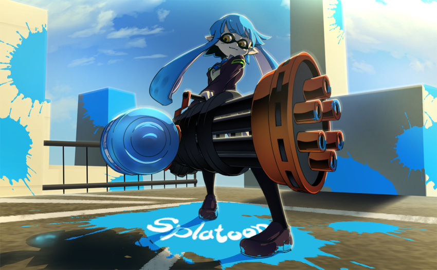 1girl, black_legwear, blue_hair, domino_mask, gatling_gun, gun, holding, inkling