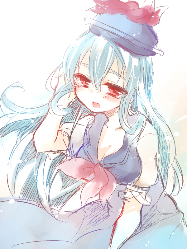 1girl, blue_hair, blush, breasts, cleavage, collarbone, hair_tucking, hat
