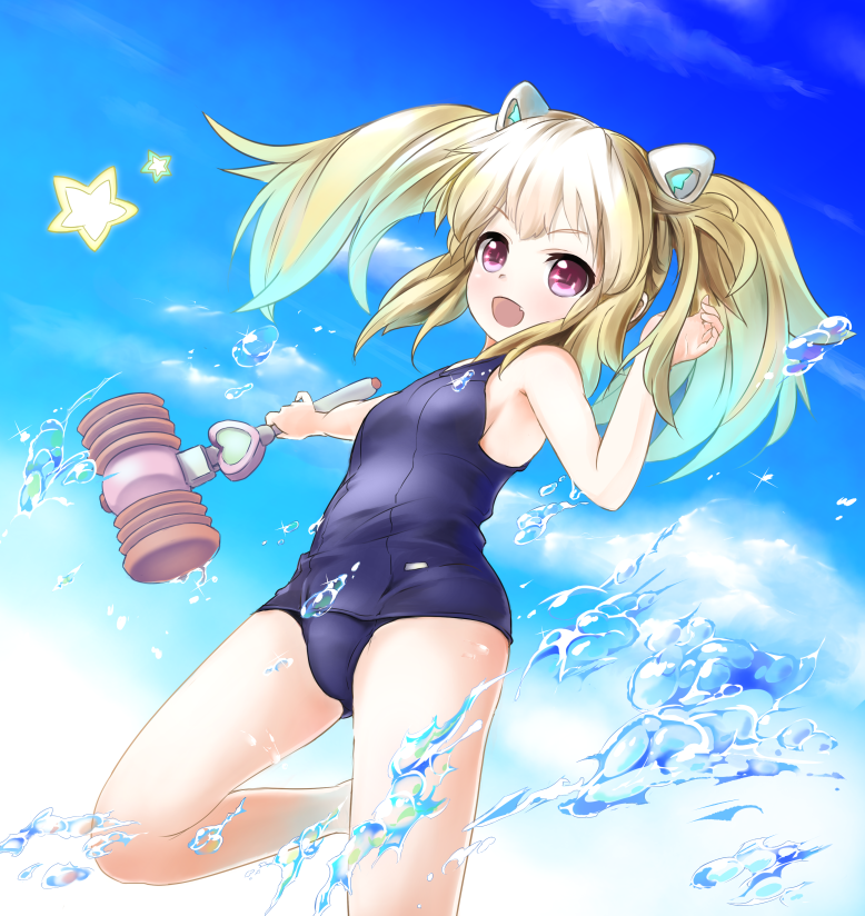 1girl, aquarion_logos, blonde_hair, child, clouds, fang, long_hair, open_mouth