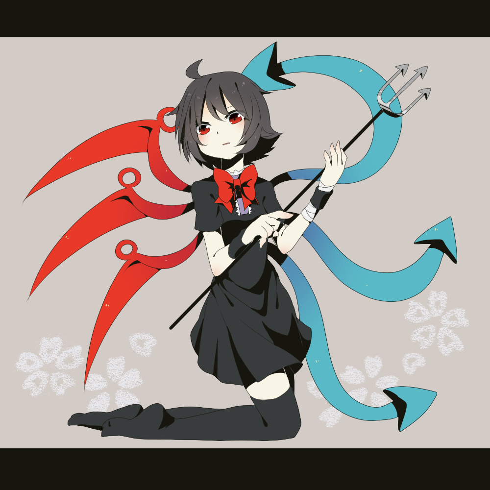 1girl, ahoge, armband, asymmetrical_wings, bandages, black_hair, black_legwear, bow