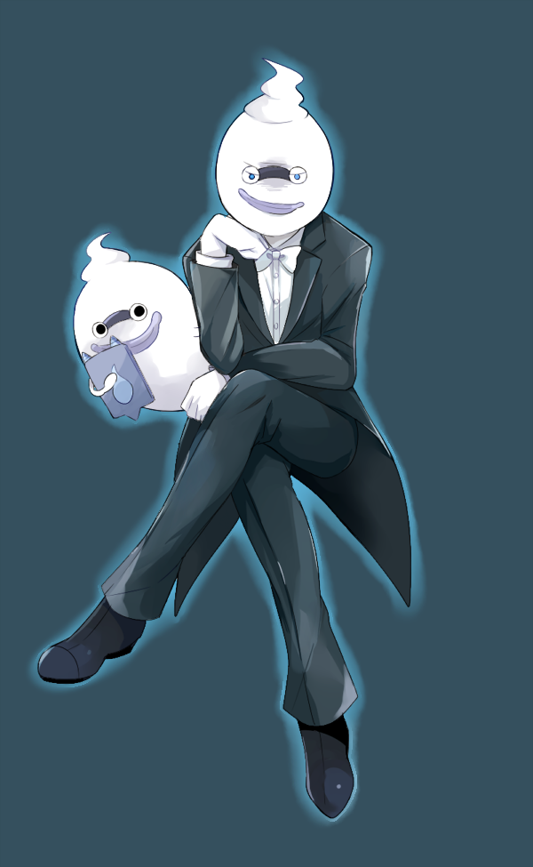 black_eyes, blue_eyes, bowtie, crossed_legs, dual_persona, ghost, looking_at_viewer, mei_(maysroom)
