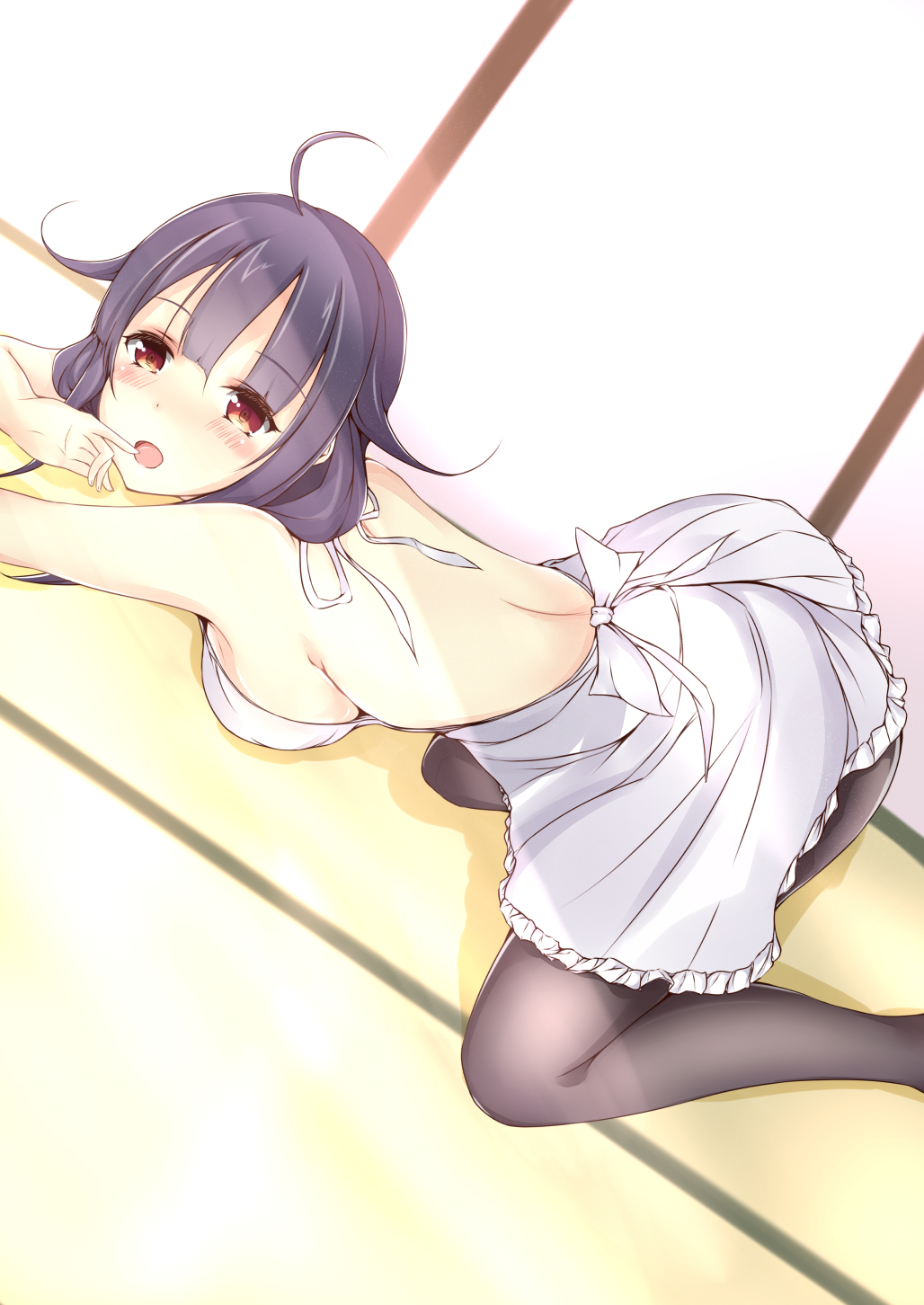 1girl, ahoge, all_fours, alternate_costume, black_legwear, blush, breasts, commentary_request, dress, finger_to_mouth, hair_flaps, highres, kantai_collection, large_breasts, long_hair, looking_at_viewer, low_twintails, migiue, on_floor, open-back_dress, open_mouth, pantyhose, pinky_to_mouth, purple_hair, red_eyes, sideboob, solo, taigei_(kantai_collection), twintails, white_dress