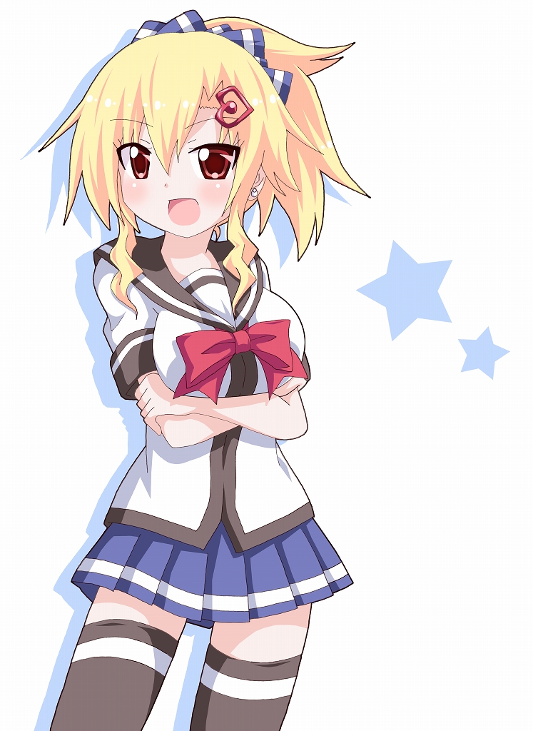 black_legwear, blonde_hair, blue_skirt, blush, bow, breast_rest, breasts, crossed_arms, earrings, hair_ornament, hairclip, heart_hair_ornament, jewelry, kagerou_(kers), open_mouth, pleated_skirt, ponytail, red_eyes, ribbon, school_uniform, serafuku, shinozaki-san_ki_wo_otashikani, shinozaki_akina, skirt, thigh-highs, white_background