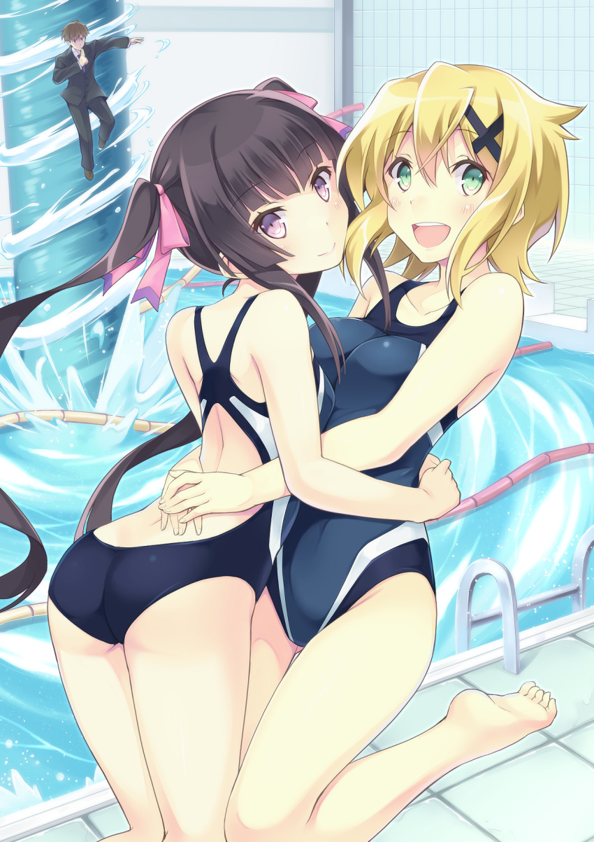 1boy, 2girls, akatsuki_kirika, ass, asymmetrical_docking, blonde_hair, breast_press, competition_swimsuit, feet, furumiya_haiji, green_eyes, highres, hug, multiple_girls, ogawa_shinji_(symphogear), one-piece_swimsuit, pool, senki_zesshou_symphogear, swimsuit, tsukuyomi_shirabe, violet_eyes, water