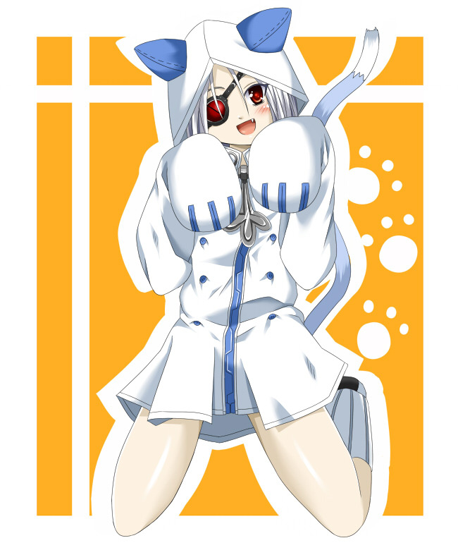 blush, cat_hood, cosplay, eyepatch, fang, hood, hoodie, nu-13