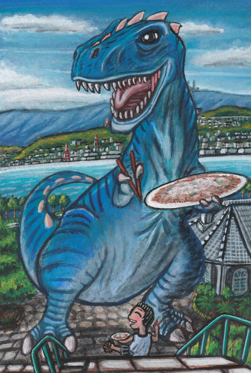 1boy, acrylic_paint_(medium), black_eyes, black_hair, chopsticks, dinosaur, food, furuta_yoroshi, geta, glover_garden, highres, nagasaki, noodles, open_mouth, original, oversized_object, sitting, smile, teeth, tongue, traditional_media, tyrannosaurus_rex