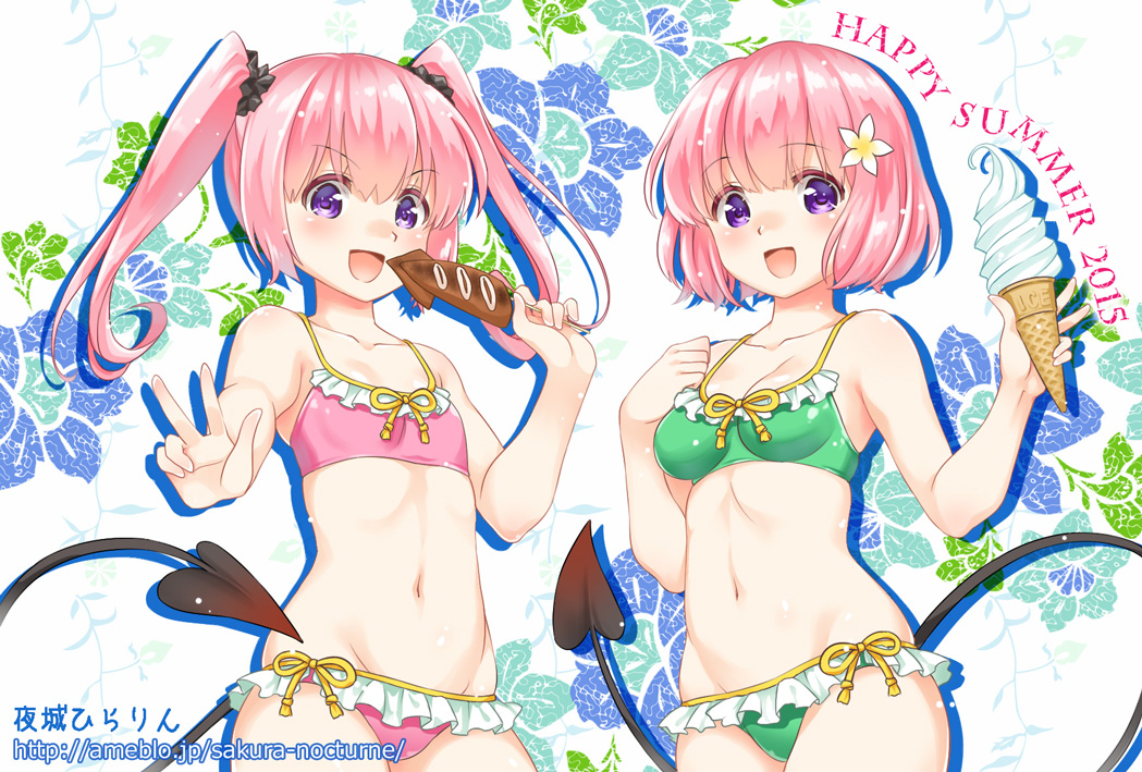 2girls, bikini, demon_tail, flower, food, hair_flower, hair_ornament, ice_cream, ice_cream_cone, ikayaki, long_hair, momo_velia_deviluke, multiple_girls, nana_asta_deviluke, navel, open_mouth, pink_hair, short_hair, siblings, sisters, soft_serve, squid, swimsuit, tail, to_love-ru, to_love-ru_darkness, twintails, v, vanilla_ice_cream, violet_eyes, yajou_hirarin