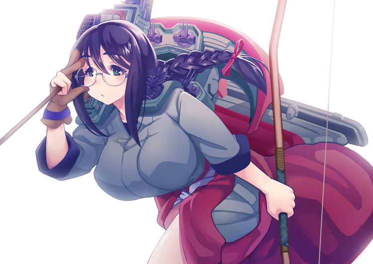 1girl, :o, adjusting_glasses, akaneyu_akiiro, black_hair, bloom, blush, bow_(weapon)