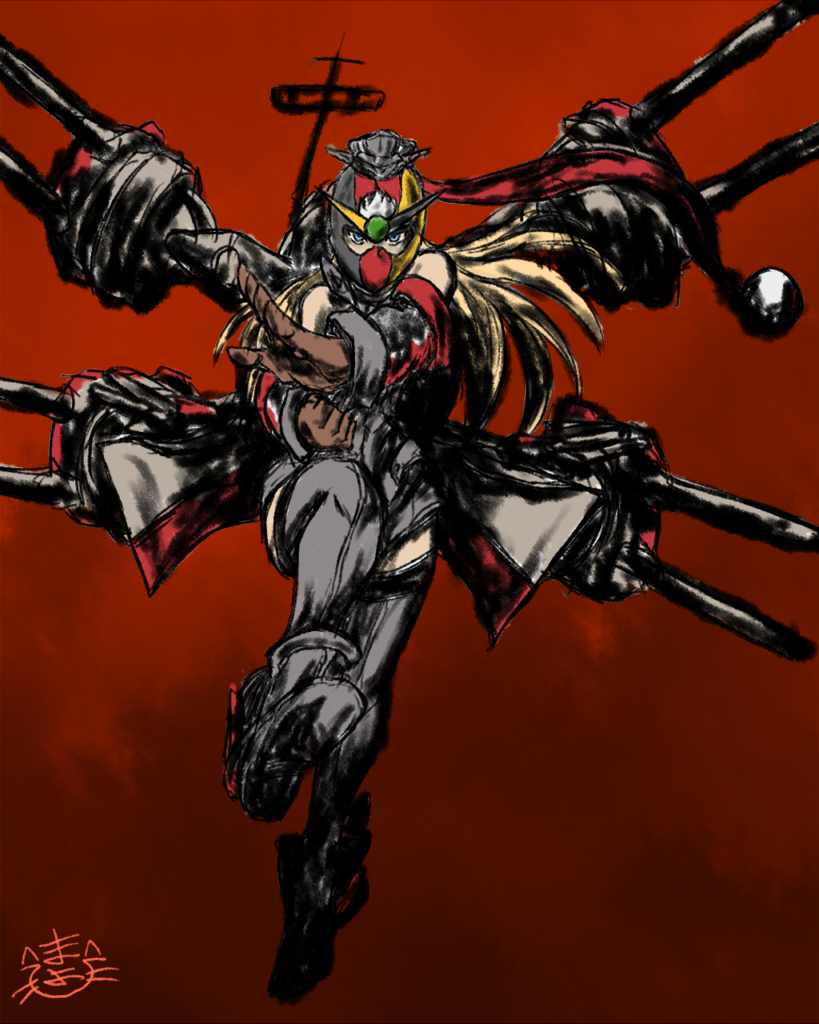 1girl, bismarck_(kantai_collection), blonde_hair, crossover, g_gundam, gloves, gundam, gundam_spiegel