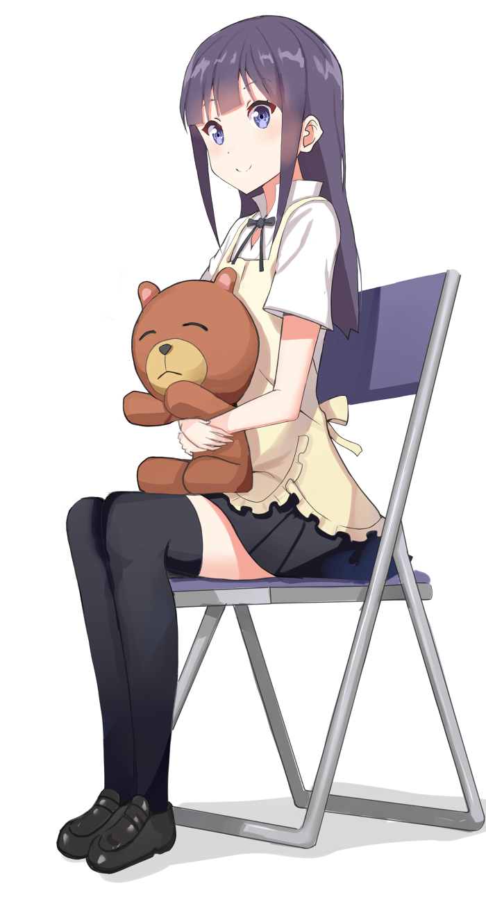 1girl, apron, black_legwear, chair, daisy_(working!!), folding_chair, full_body, highres, long_hair, object_hug, purple_hair, shoes, short_sleeves, simple_background, sitting, skirt, smile, solo, stuffed_animal, stuffed_toy, teddy_bear, thigh-highs, tsurime, violet_eyes, waitress, white_background, working!!, yamada_aoi, zettai_ryouiki