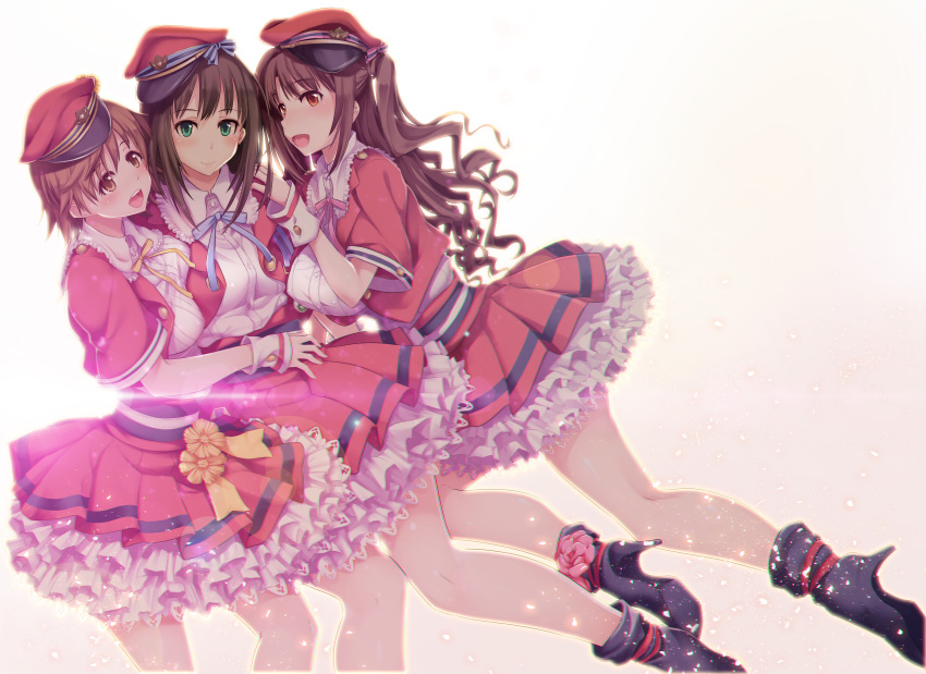 3girls, :d, absurdres, blush, breasts, brown_eyes, brown_hair, cover