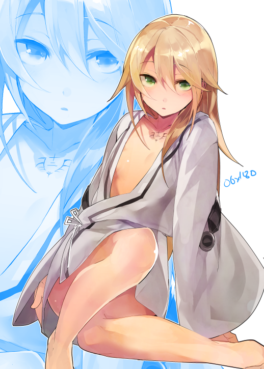 blazblue, blazblue:_chronophantasma, blonde_hair, bottomless, green_eyes, hyakuhachi_(over3), noel_vermillion, robe