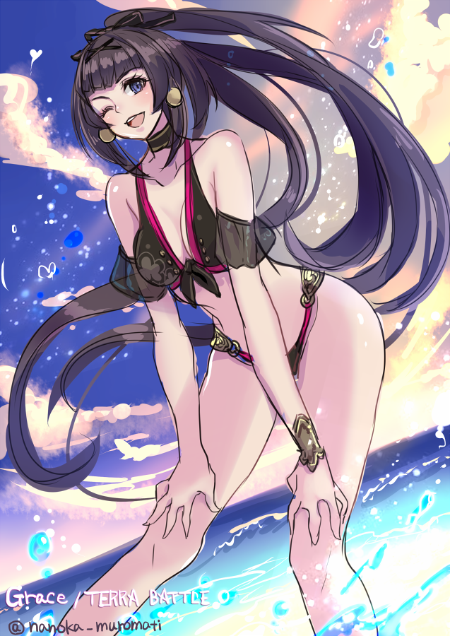 arm_strap, bare_shoulders, beach, bikini, black_hair, blue_eyes, grace_(terra_battle), kether, one_eye_closed, sunset, swimsuit, terra_battle