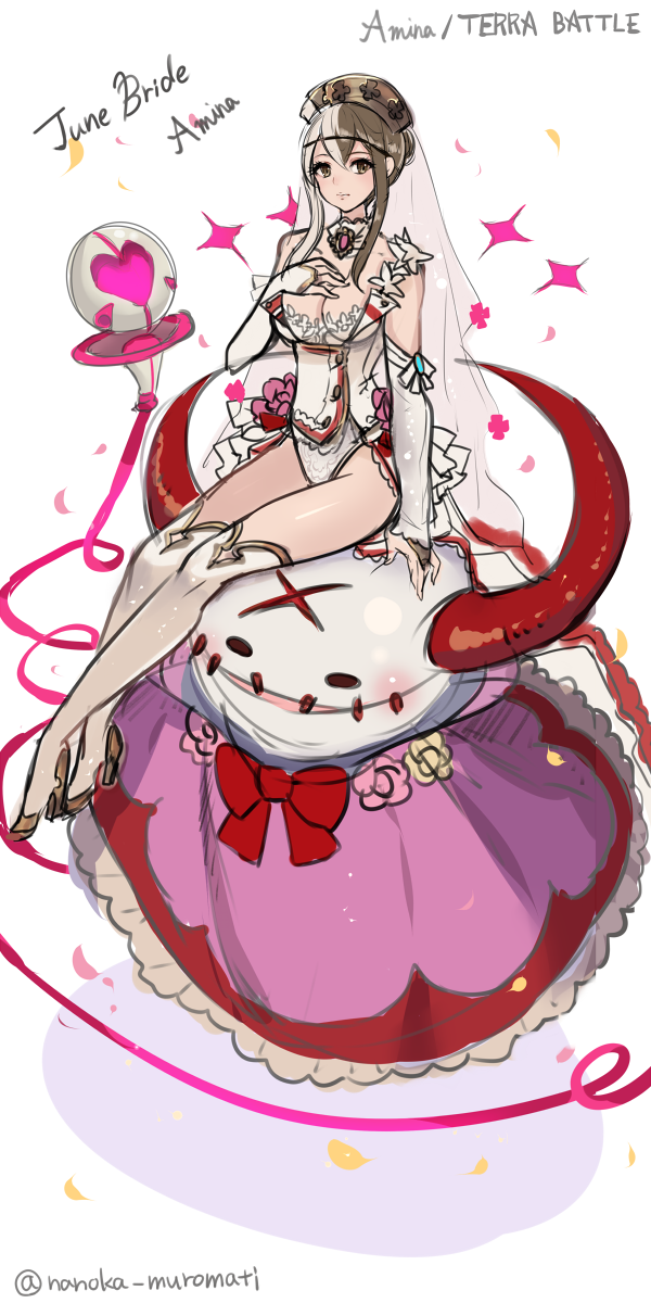 alternate_costume, amina_(terra_battle), bare_shoulders, black_hair, breasts, brown_eyes, cleavage, detached_sleeves