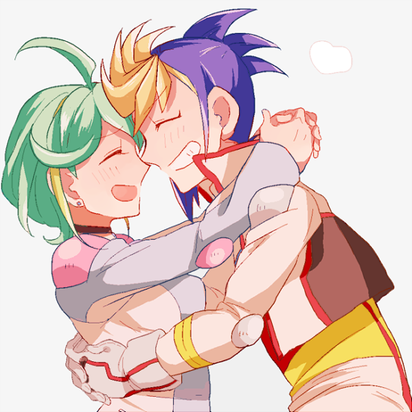 1boy, 1girl, ahoge, blonde_hair, blue_hair, closed_eyes, earrings, forehead-to-forehead